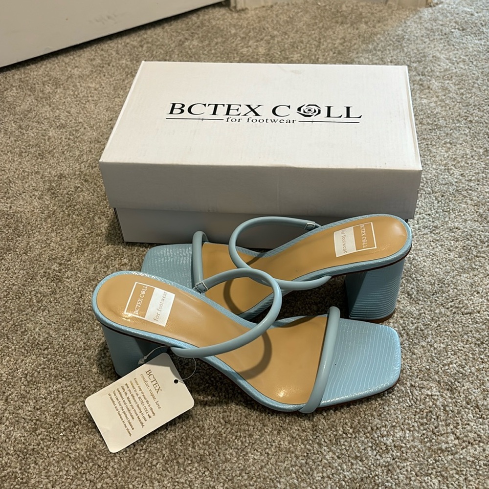 Light blue 3 1/2 inch heel sandal.